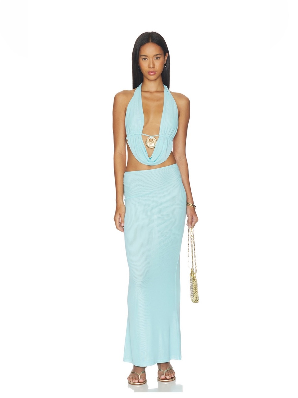 Light Blue Halter Draped Maxi set